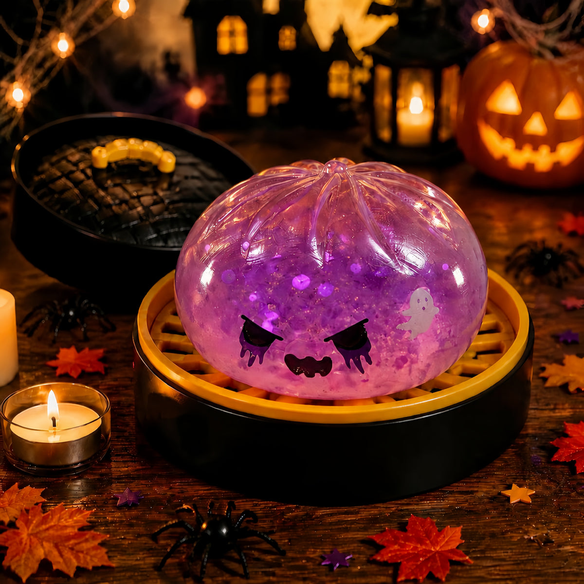 Halloween Themed Dumpling Mystery Box, Soft Resilient Glitter‑Gel Filled Sensory Desk Decor, Random 6‑Style Assortment, Holiday Stress Relief Ornament, Ideal Halloween Gift