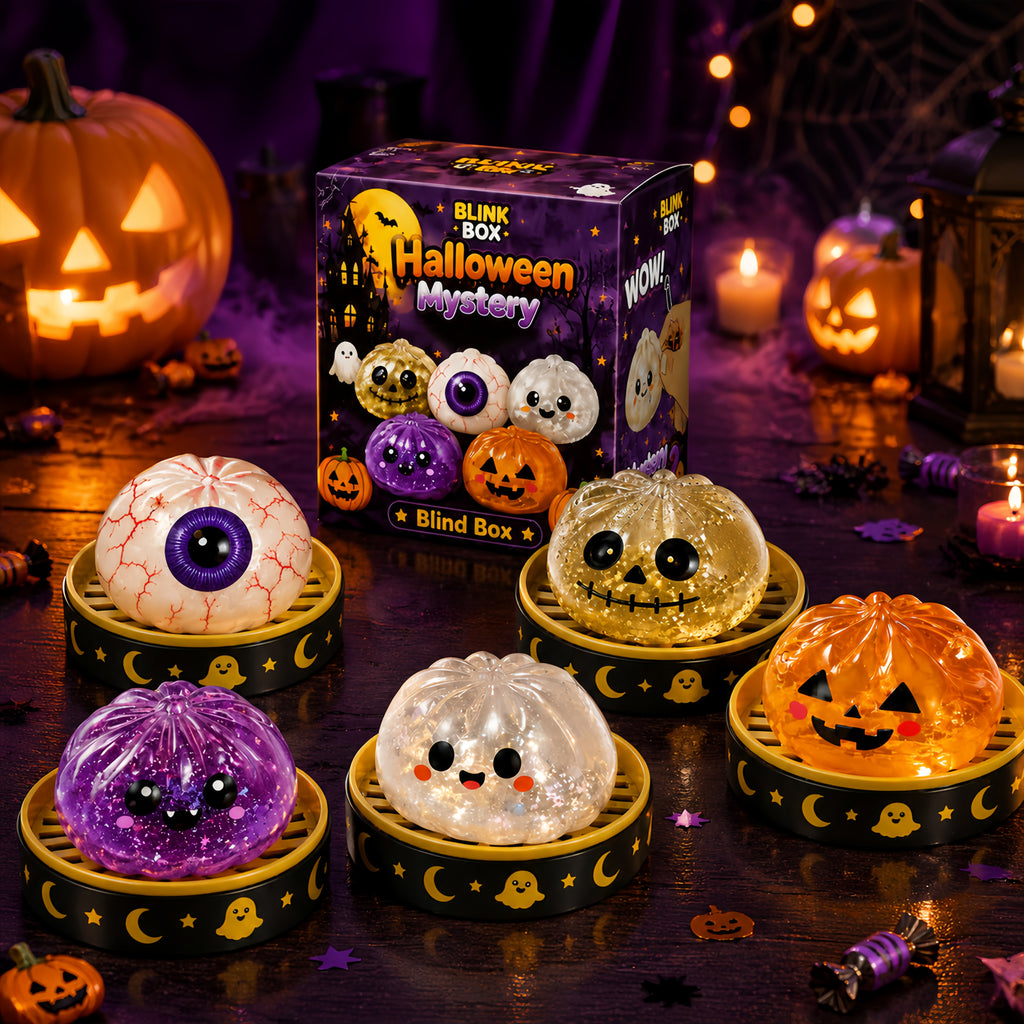 Halloween Themed Dumpling Mystery Box, Soft Resilient Glitter‑Gel Filled Sensory Desk Decor, Random 6‑Style Assortment, Holiday Stress Relief Ornament, Ideal Halloween Gift